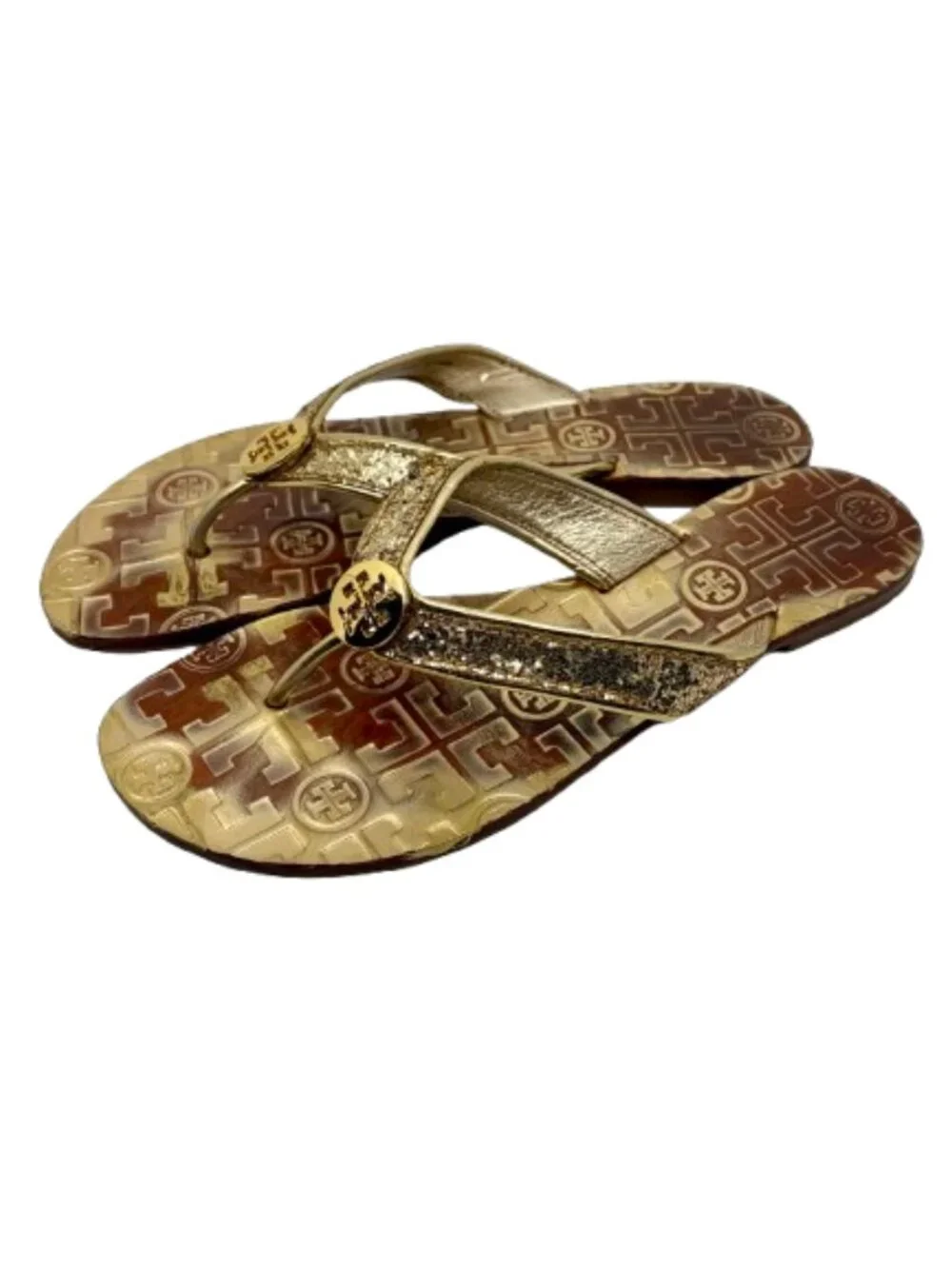 TORY BURCH~Thora~TAN & METALLIC GOLD LEATHER & GLITTER THONG SANDALS Size 6